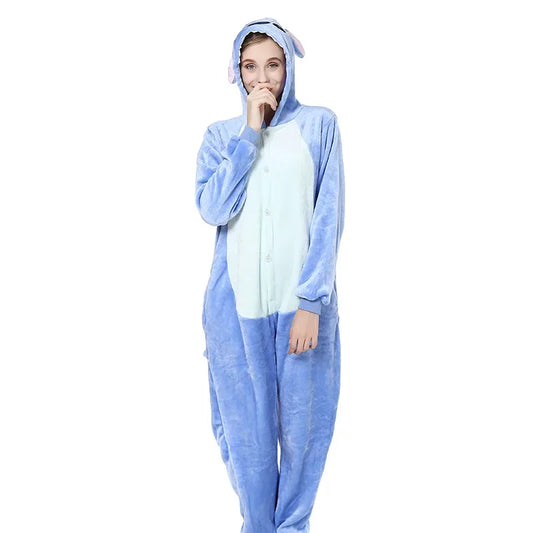 Stitch Mavi Flanel Tulum Pijama Yumuşacık Angel Tarzı Cosplay Kostüm